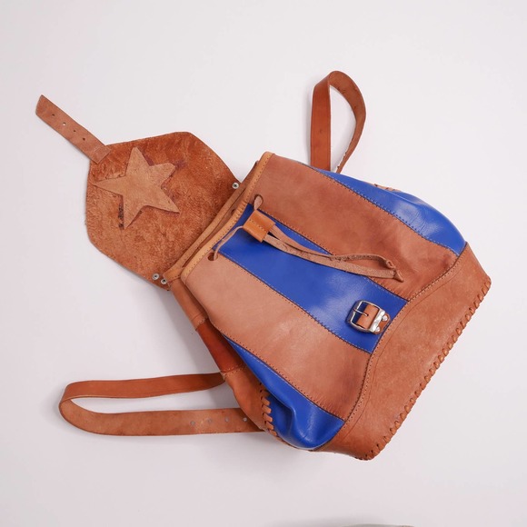 vintage leather backpack | Vintage Mexican patchwork camel tan leather  boho - Picture 7 of 9